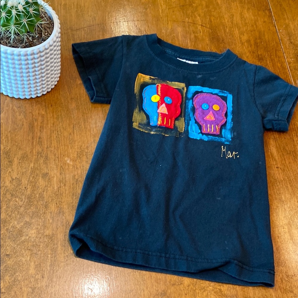 Kids Black Embroidered Tee with Colorful Skulls